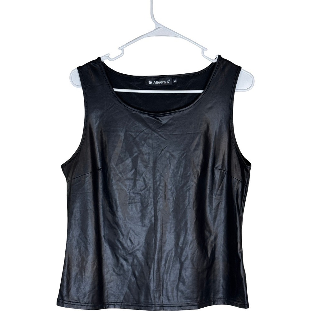 Allegra K Faux Leather Tank Top Women Size M Black Scoop Neck Sleeveless Edgy